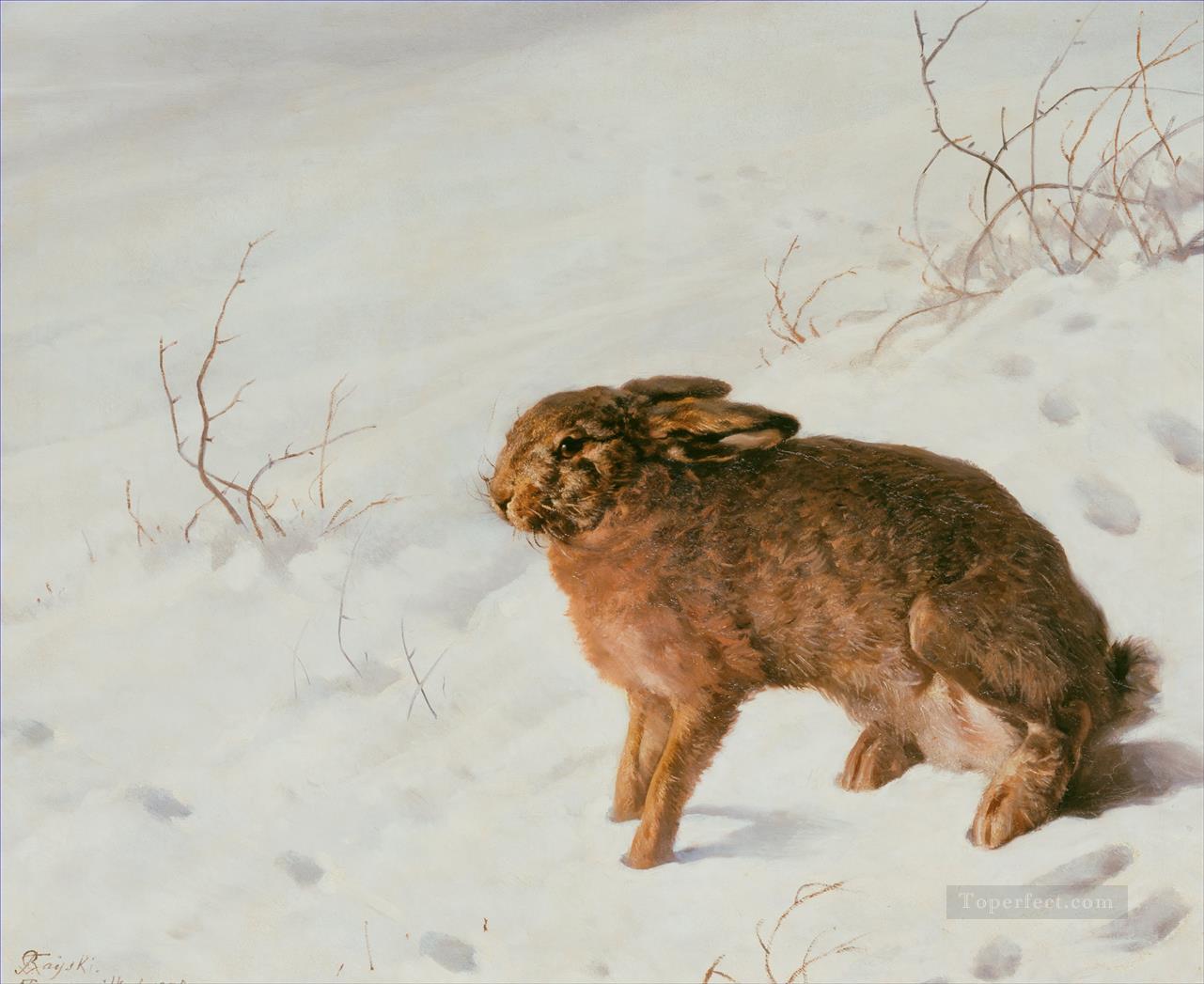 フェルディナンド・フォン・レイスキー 雪の中のうさぎ油絵